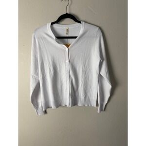 Grecerelle Women White Button Front Cardigan Sweater Crew Neck Long Sleeve Small